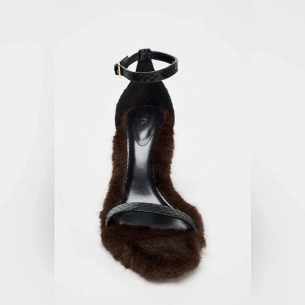 Zara Black and Brown Fur-Trimmed Sandals